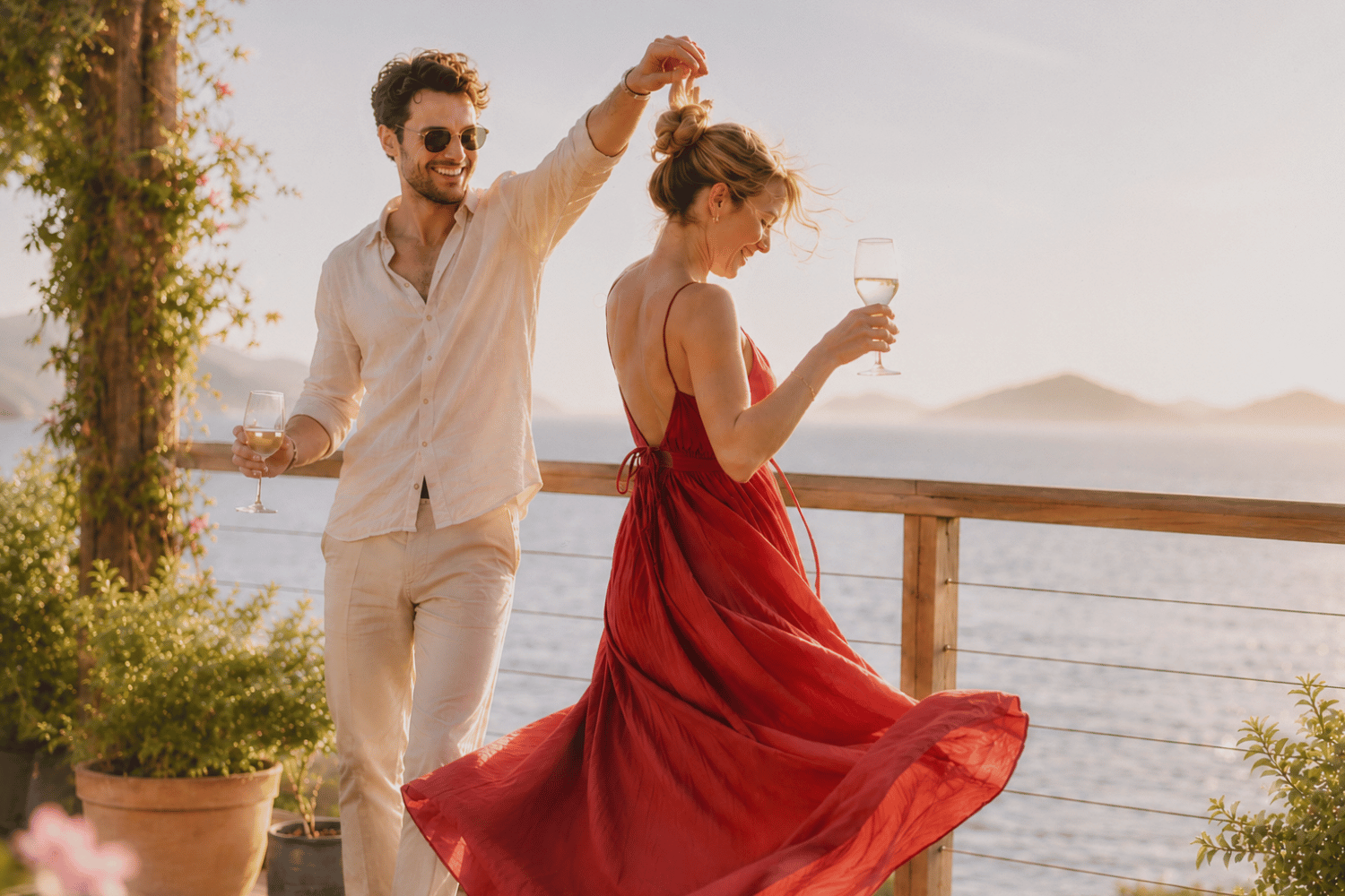 A smiling couple celebrating financial freedom on a sunny balcony overlooking the water, representing smart wealth management and equity compensation planning.