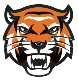 An aggressive tiger mascot logo with detailed orange and black fur, white facial markings, and intense eyes.