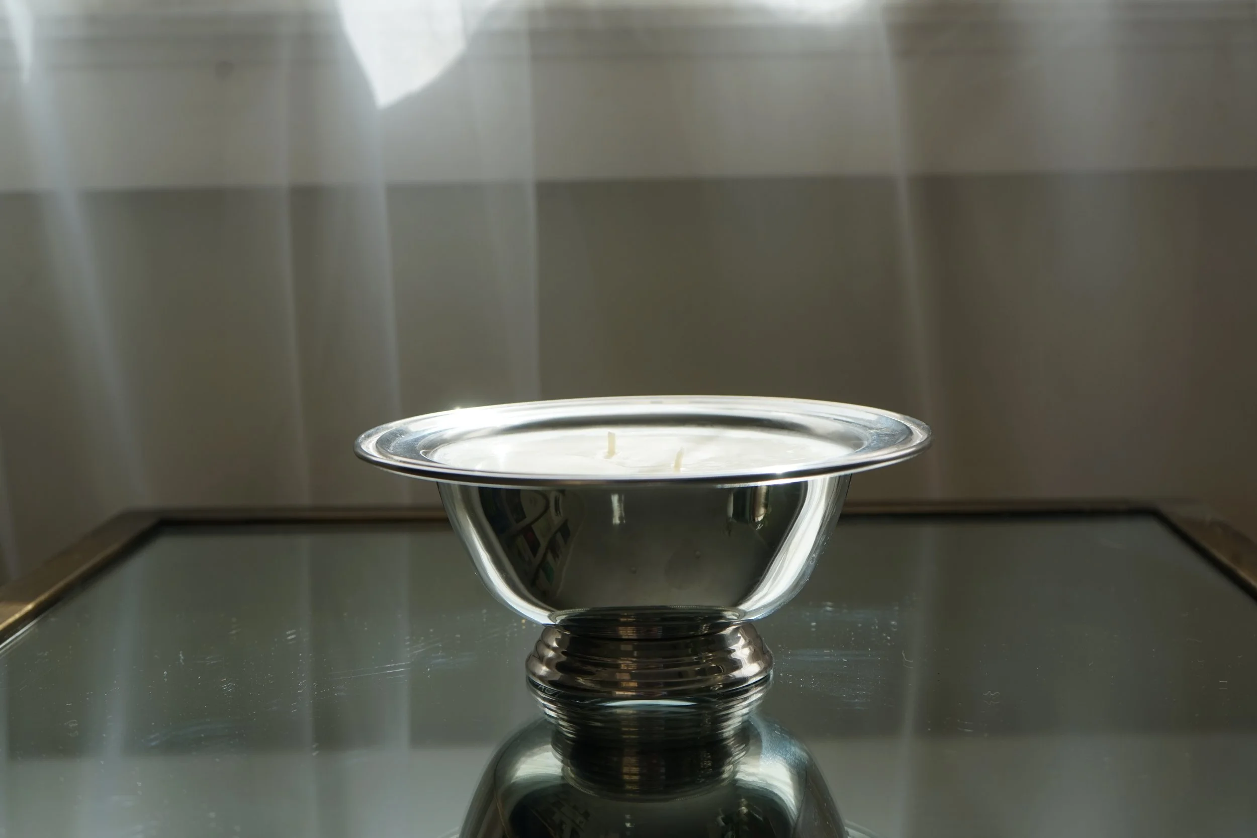 Ripped Denim in Vintage Silver Pedestal Bowl – 26oz Candle