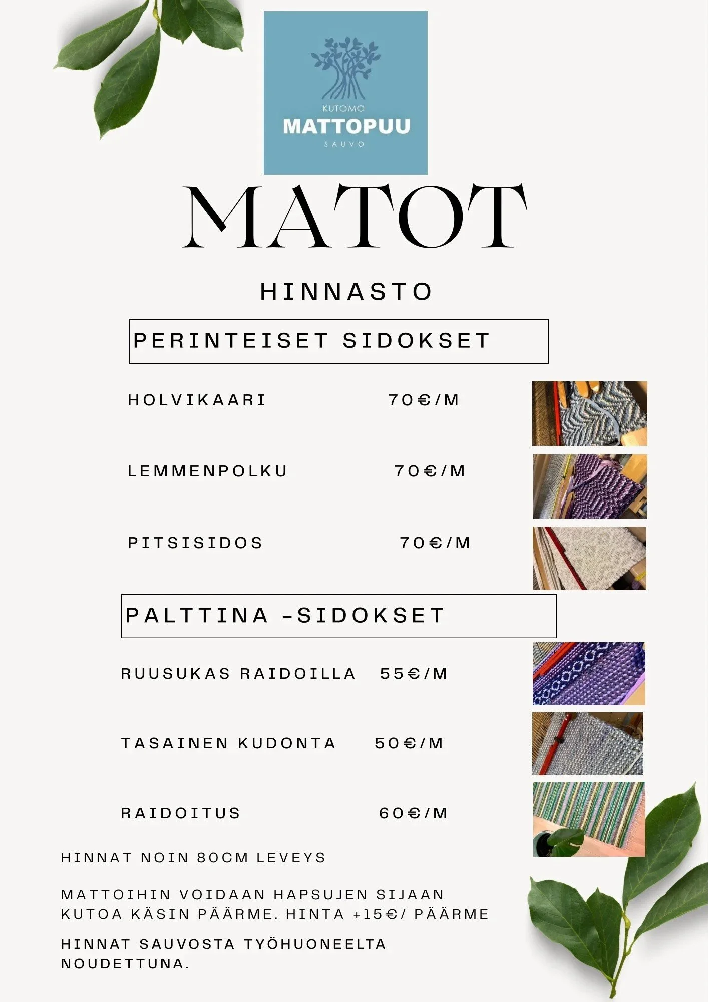 Price list for traditional rugs and textiles from MattoPuu, including different types of kilims and rugs, with small images of the items and some decorative green leaves.
