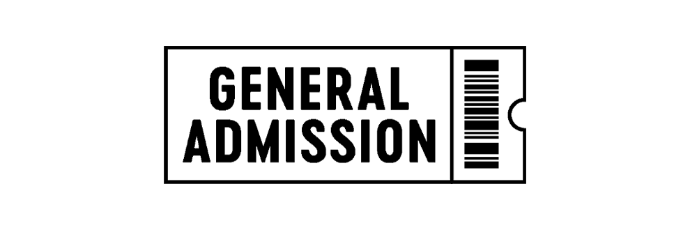 Black and white illustration of a plane ticket with the words 'General Admission' on it.