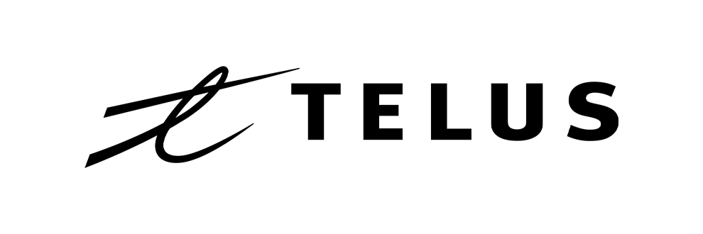 The image shows the TELUS logo with a stylized 'T' and the word 'TELUS' in uppercase letters on a black background.