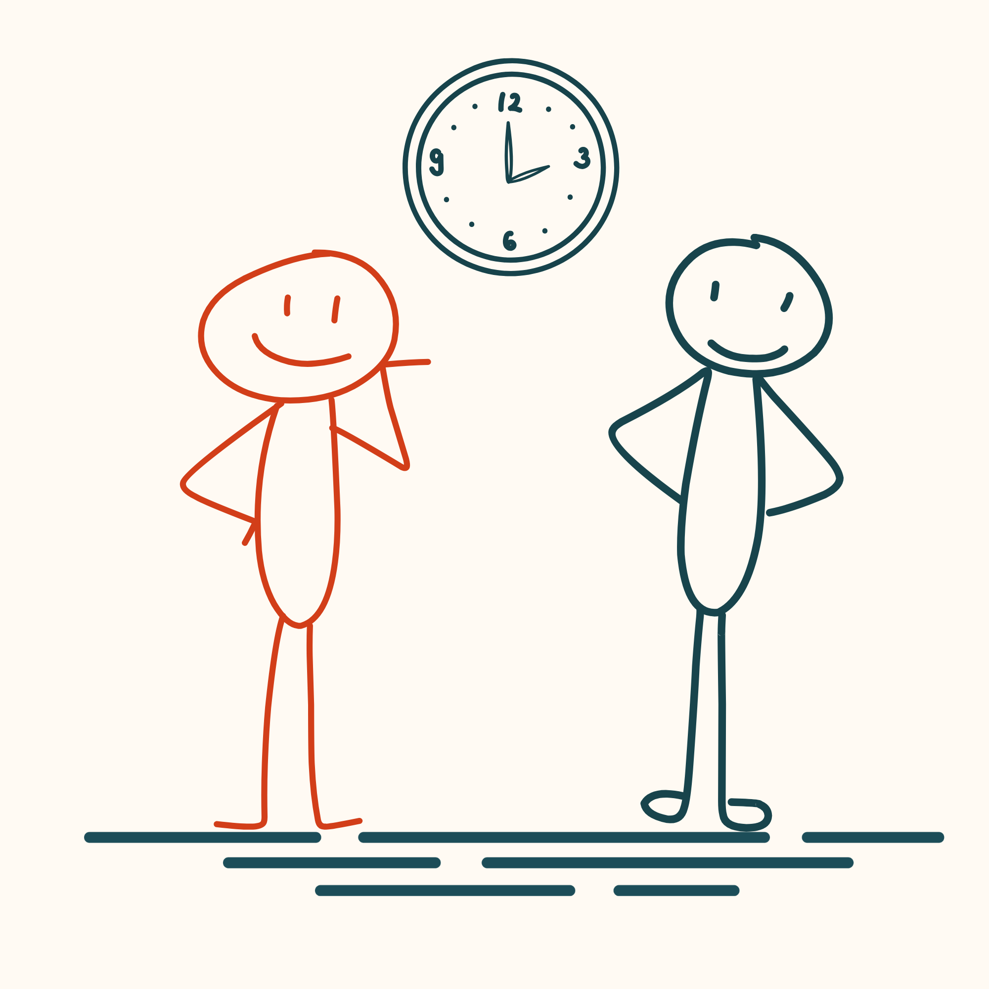 Two friendly figures meeting beneath a clock — representing a free 45-minute consultation with MypeOwl