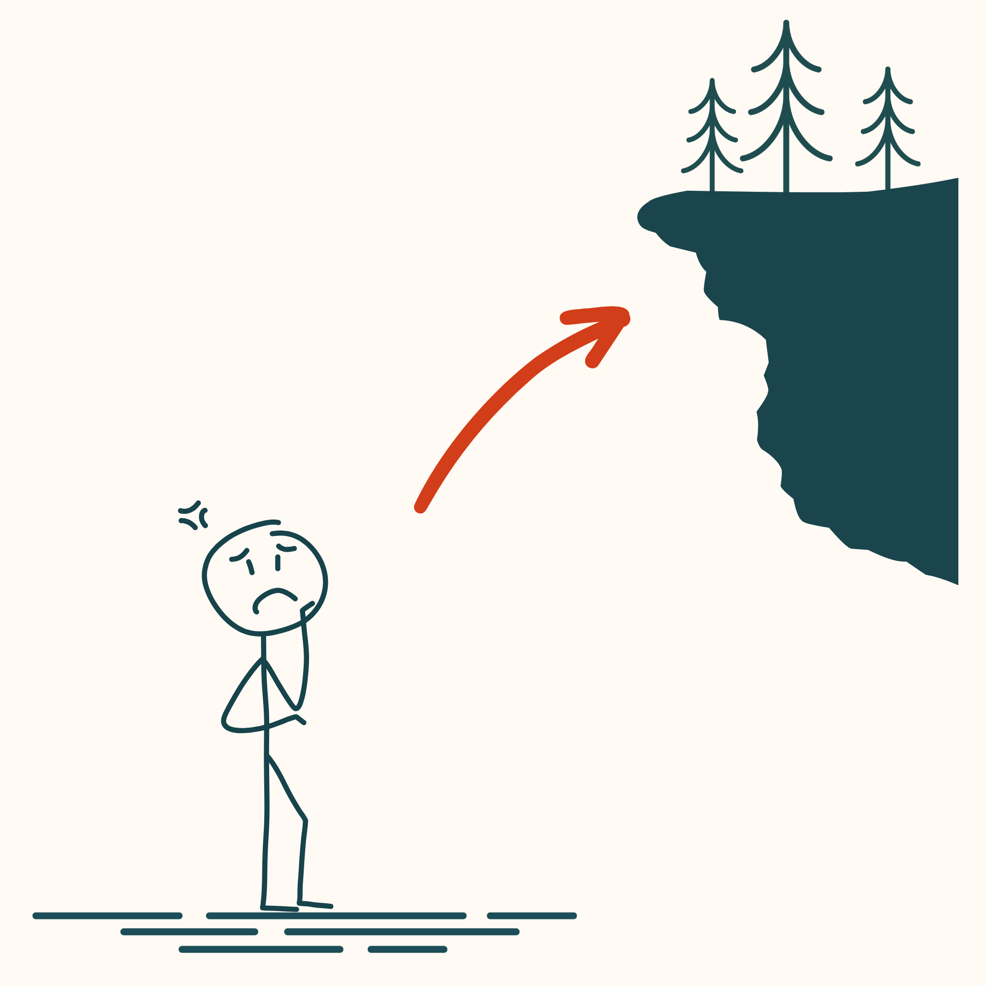 Stick figure looking up at a cliff with an arrow pointing to the top — illustrating the capability gap organisations face before digital transformation