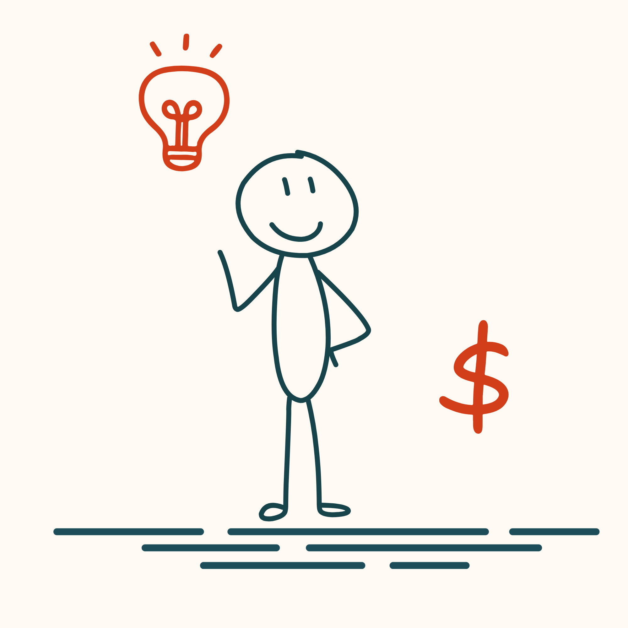 Happy figure with a lightbulb moment beside a dollar sign — illustrating the clarity and financial confidence gained before committing to digital transformation