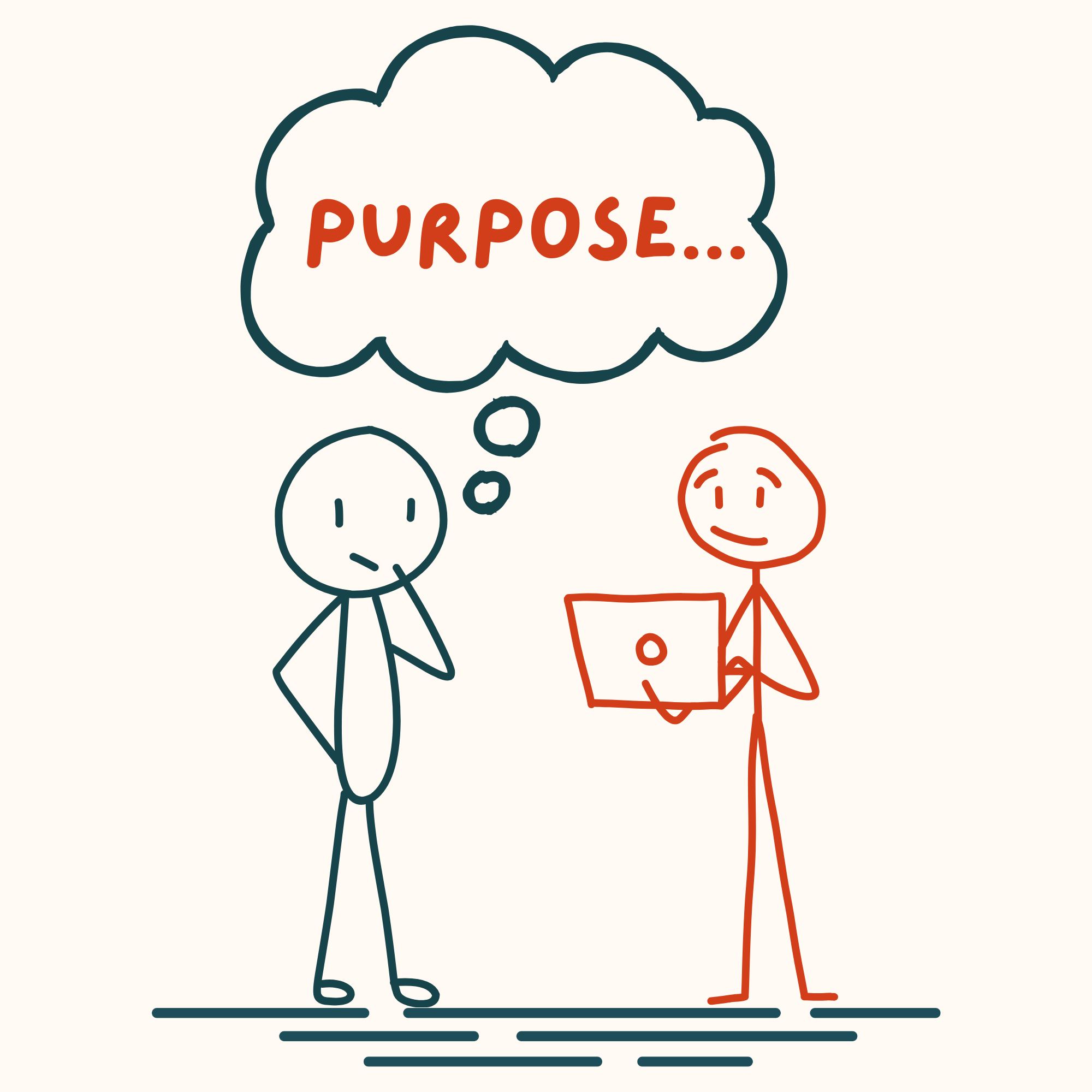 Two figures — one uncertain, one presenting — with a purpose thought bubble, illustrating the need for transformation readiness assessment