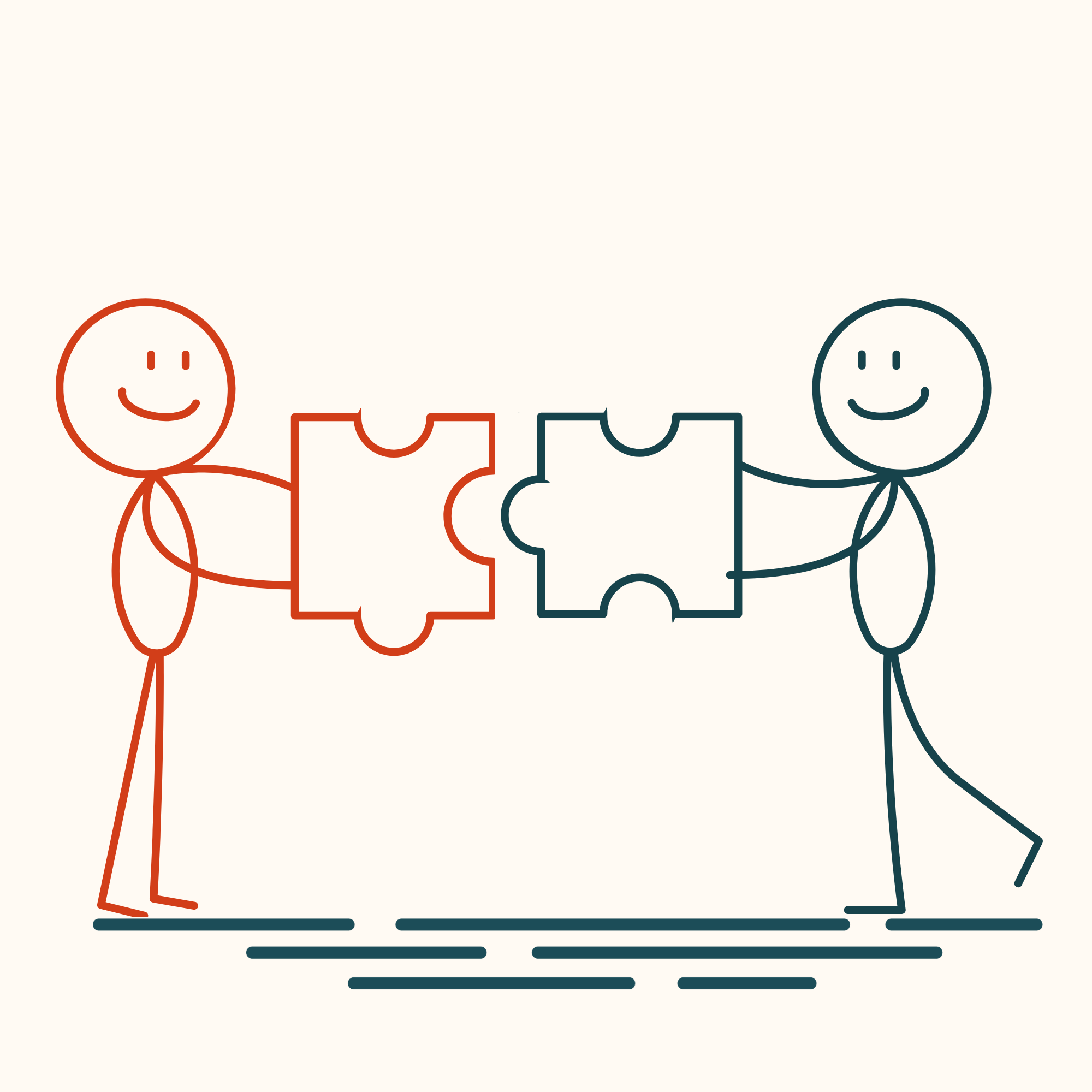 Two figures connecting puzzle pieces together — representing the collaborative fit between MypeOwl and a new client beginning their readiness journey