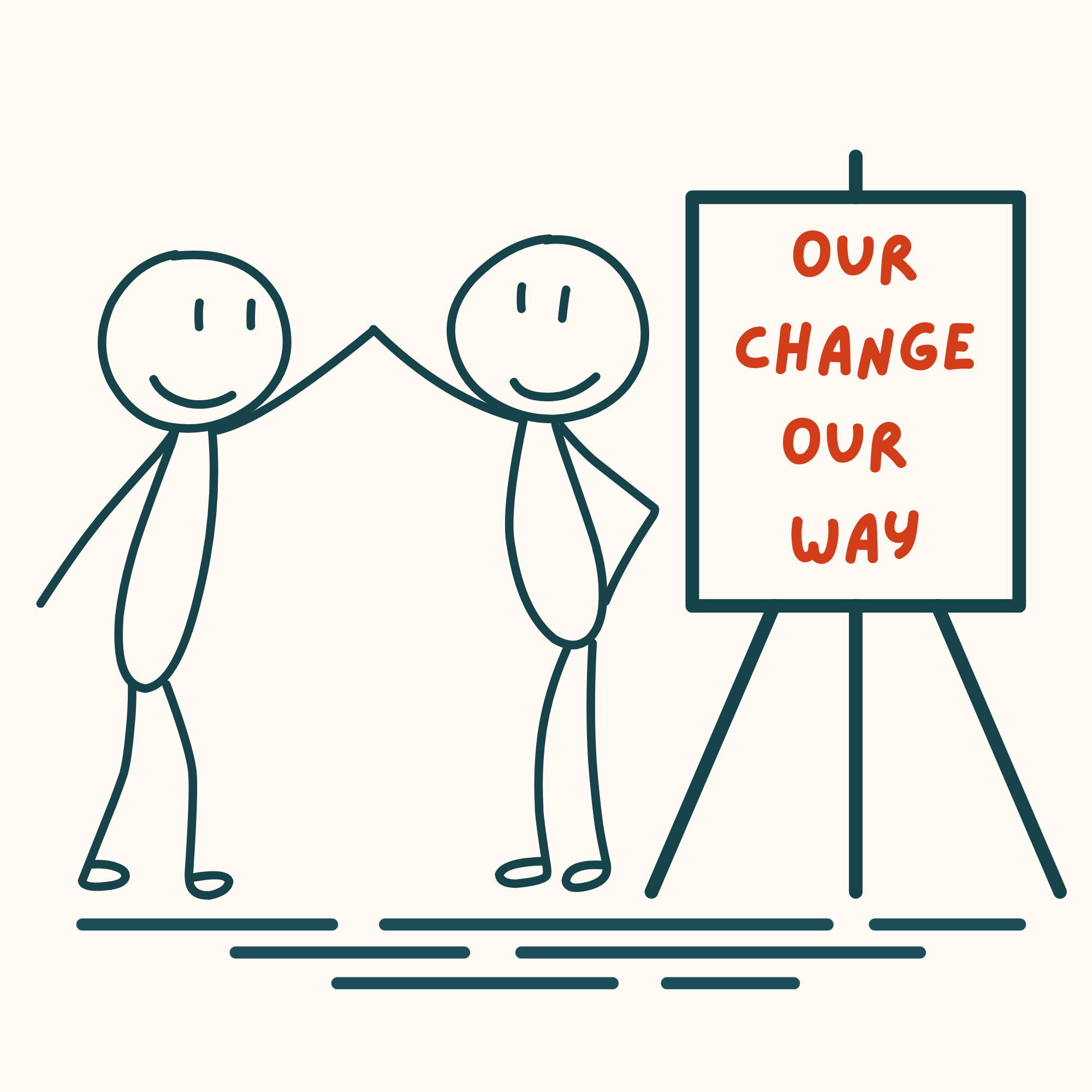 Two figures celebrate at a sign reading Our Change Our Way — illustrating the internal capability and independence MypeOwl helps organisations build