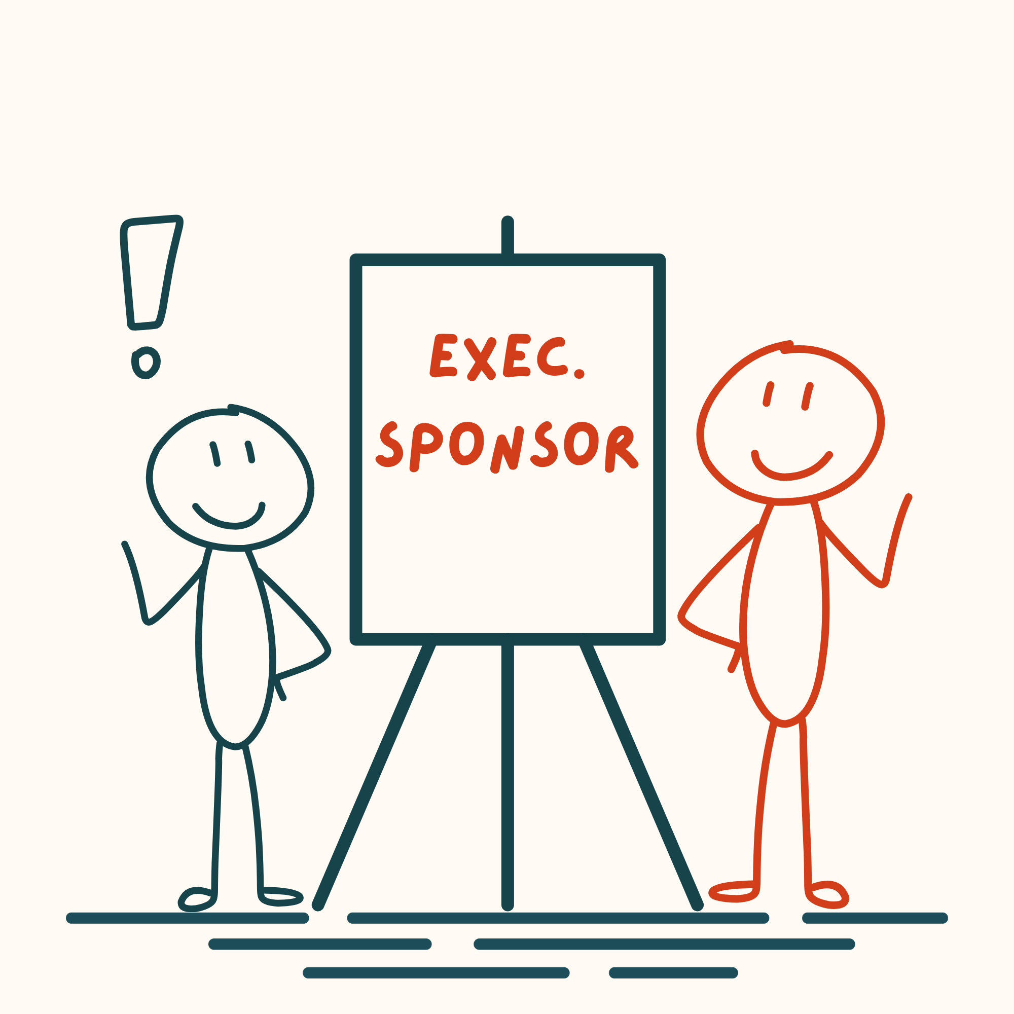 Two figures at a workshop easel labelled Exec Sponsor, illustrating MypeOwl's readiness workshops for defining key roles and responsibilities