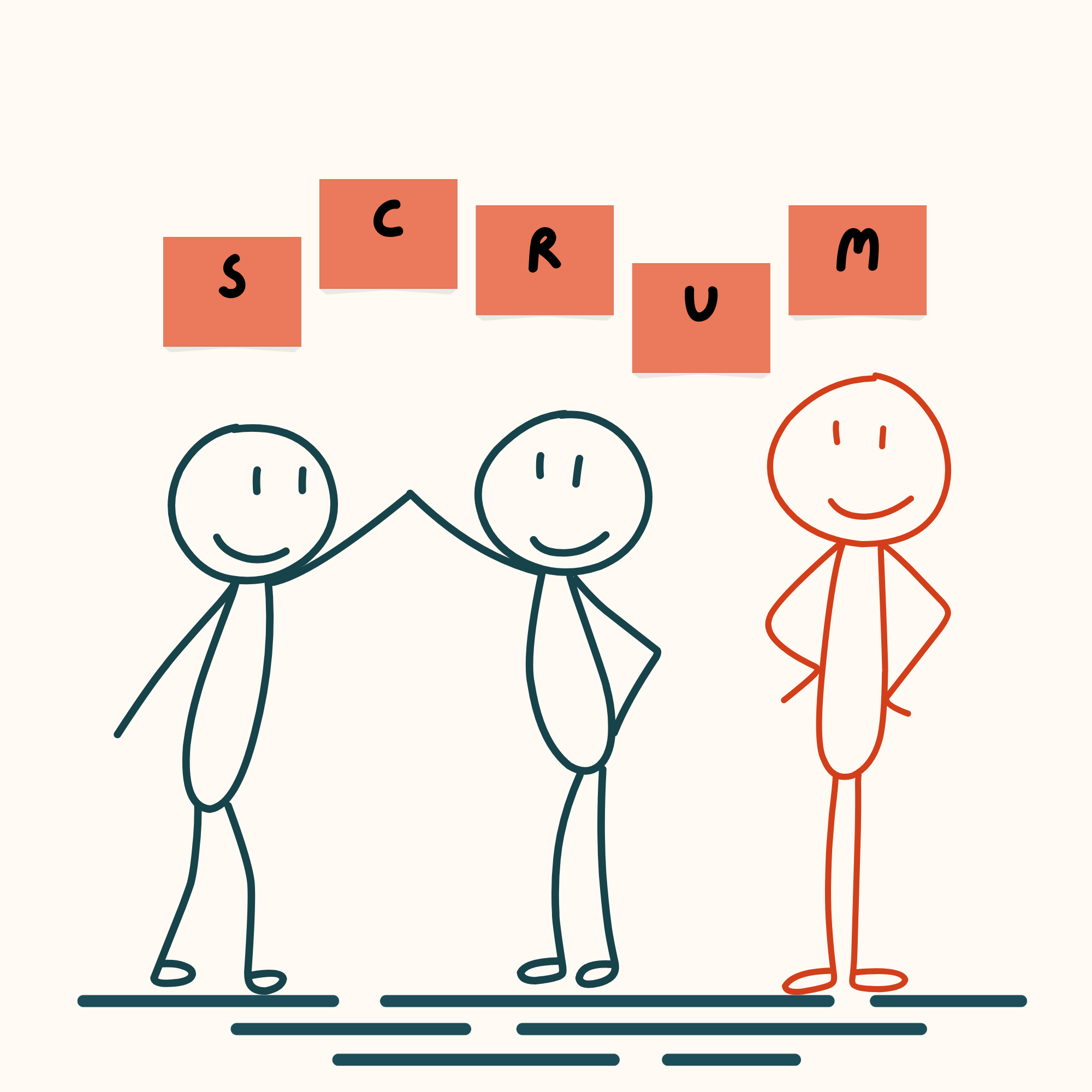 Three figures assembling SCRUM letter tiles, illustrating MypeOwl's capability workshops for building specialist transformation skills