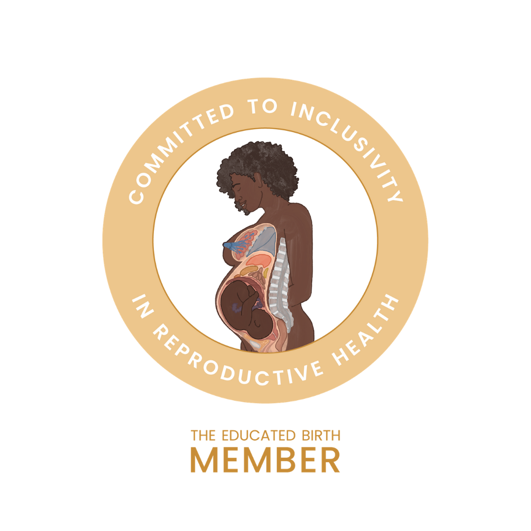 A digital illustration of a woman with dark skin and curly hair, with her body showing internal organs, representing reproductive health and inclusivity. The illustration is encircled by a beige ring with the text 'Committed to Inclusivity in Reproductive Health'. Below, it says 'The Educated Birth Member' in orange.