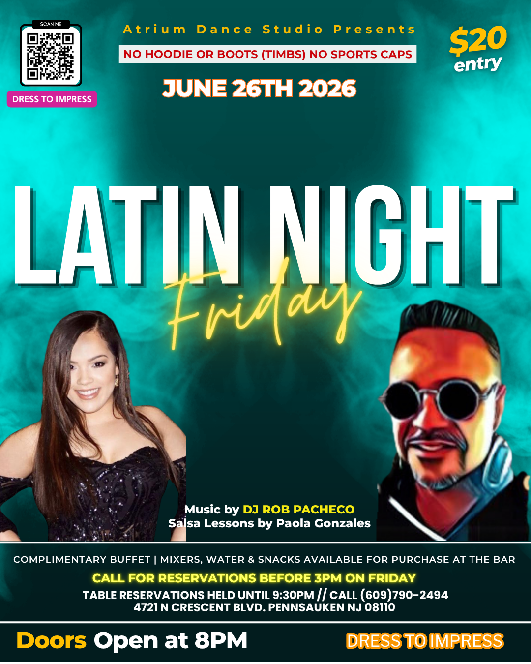Latin Night Friday at Atrium Dance Studio brings a high-energy mix of music, dancing, and social nightlife to close out the month the right way. Doors open at 8 PM as guests arrive dressed to impress for a night centered around salsa, great music, an