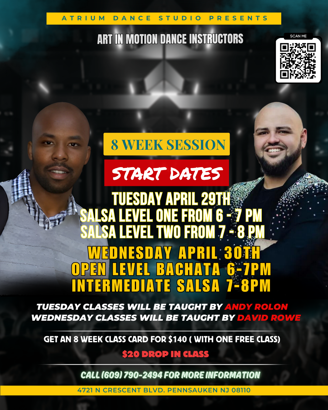 Master Salsa & Bachata with the Best! 🔥
Get ready to elevate your dance skills with Atrium Dance Studio’s exclusive 8-week Salsa & Bachata session! Starting Tuesday, April 29th, dive into the rhythm with Salsa One (6-7 PM) and Salsa Two (7-8 PM), t