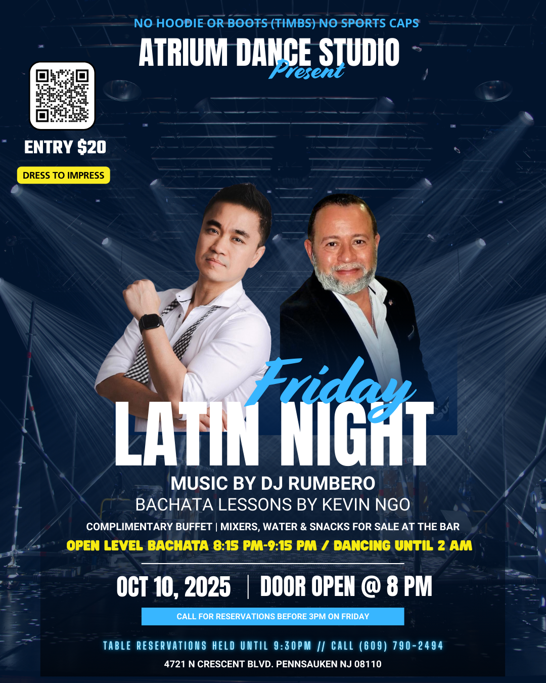 Mark your calendars for an unforgettable night of rhythm and energy at Atrium Dance Studio’s Friday Latin Night on October 10th, 2025! 💃✨ The evening kicks off with an open-level bachata class taught by the amazing duo Kevin & Marina from 8:15–9:15