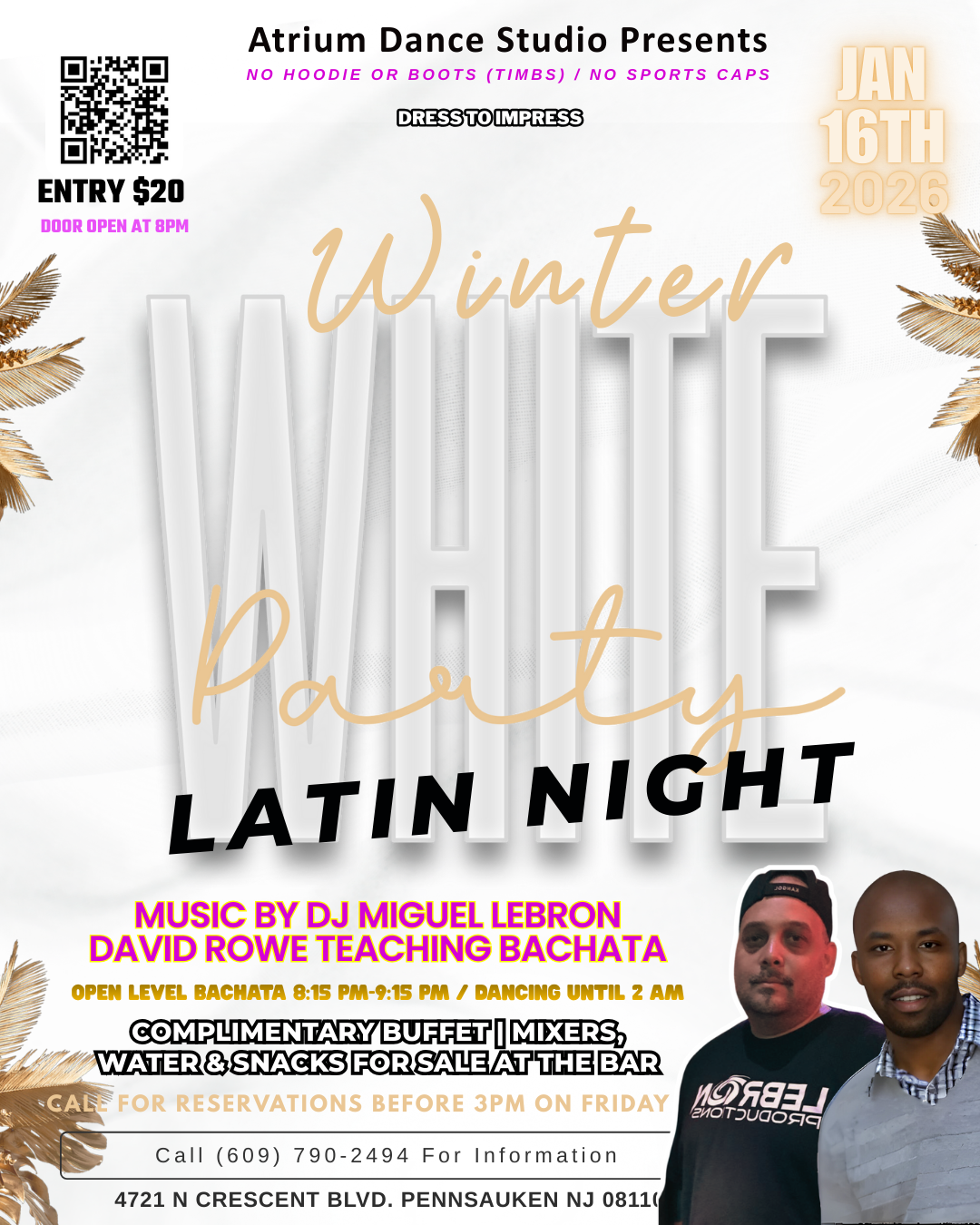 Winter White Party is bringing a fresh, elegant twist to Latin Night Friday at Atrium Dance Studio on January 16th, 2026. Dress in your best white and step into a night filled with smooth bachata, high-energy music, and nonstop dancing. Enjoy an open