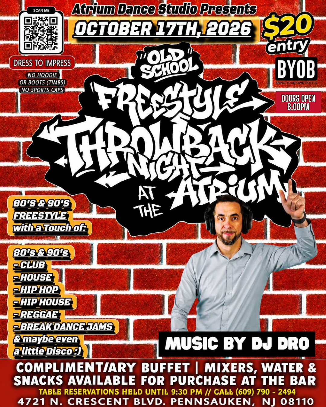 Old School Freestyle Throwback Night at Atrium Dance Studio is bringing the sounds of the ’80s and ’90s back for a night built around the music that still gets people on their feet. DJ Dro will take over with freestyle favorites plus a mix of club, h