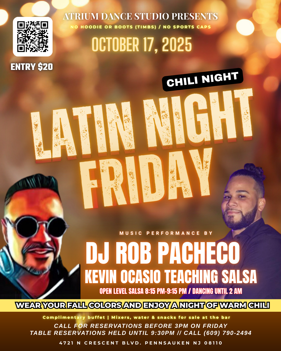 Spice up your Friday at Atrium Dance Studio’s Latin Night – Chili Night Special on October 17th, 2025! 🌶️🎶 This festive evening brings together the heat of salsa dancing and the warmth of delicious chili, perfect for the fall season. Kick things of
