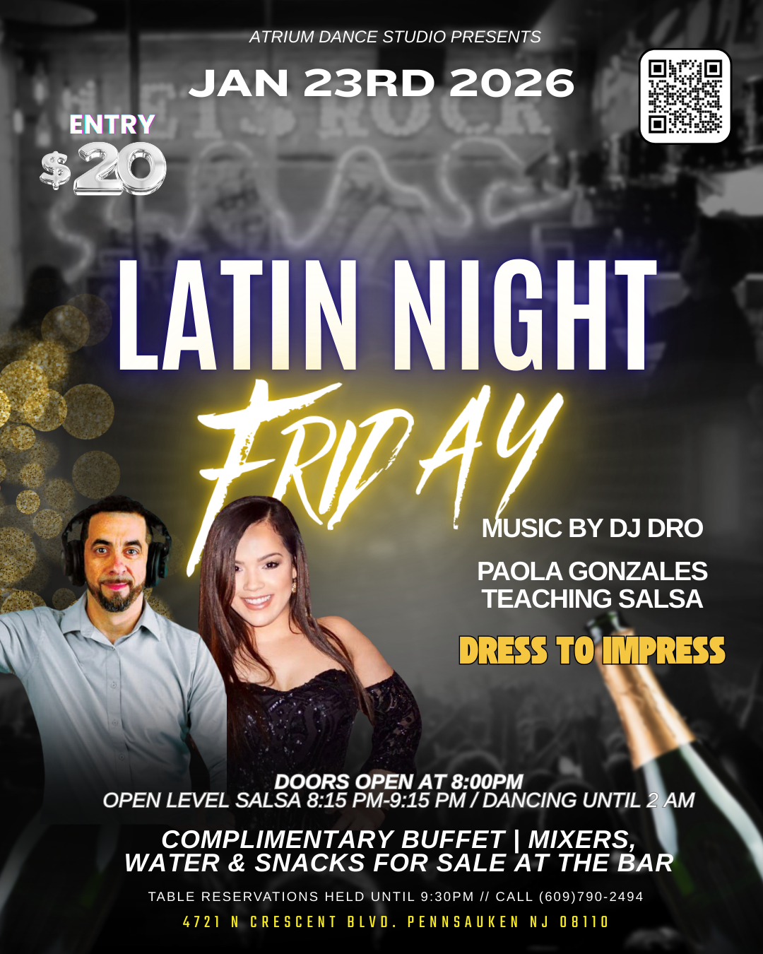 Join us at Atrium Dance Studio on January 23rd, 2026 for Latin Night Friday, where the music is hot and the dance floor stays packed all night long. DJ Dro will be on the decks keeping the energy up, with Paola Gonzales teaching an open-level salsa c