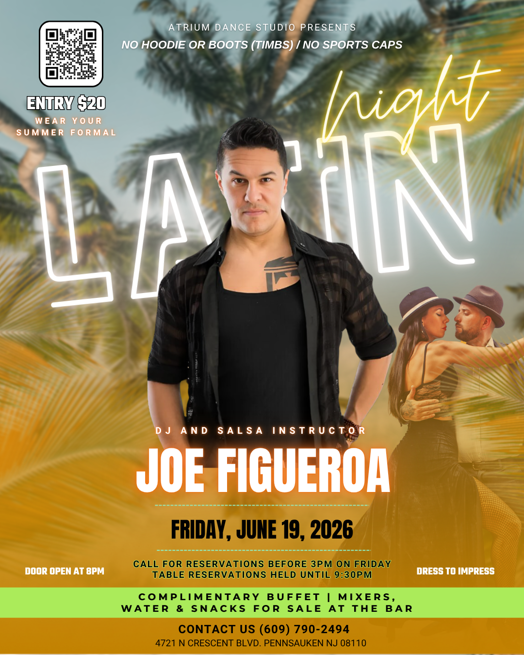 Summer Formal Latin Night at Atrium Dance Studio brings a polished, tropical-inspired vibe to your Friday plans with elevated style, social energy, and nonstop dancing. Doors open at 8 PM as guests arrive dressed to impress in their summer formal loo