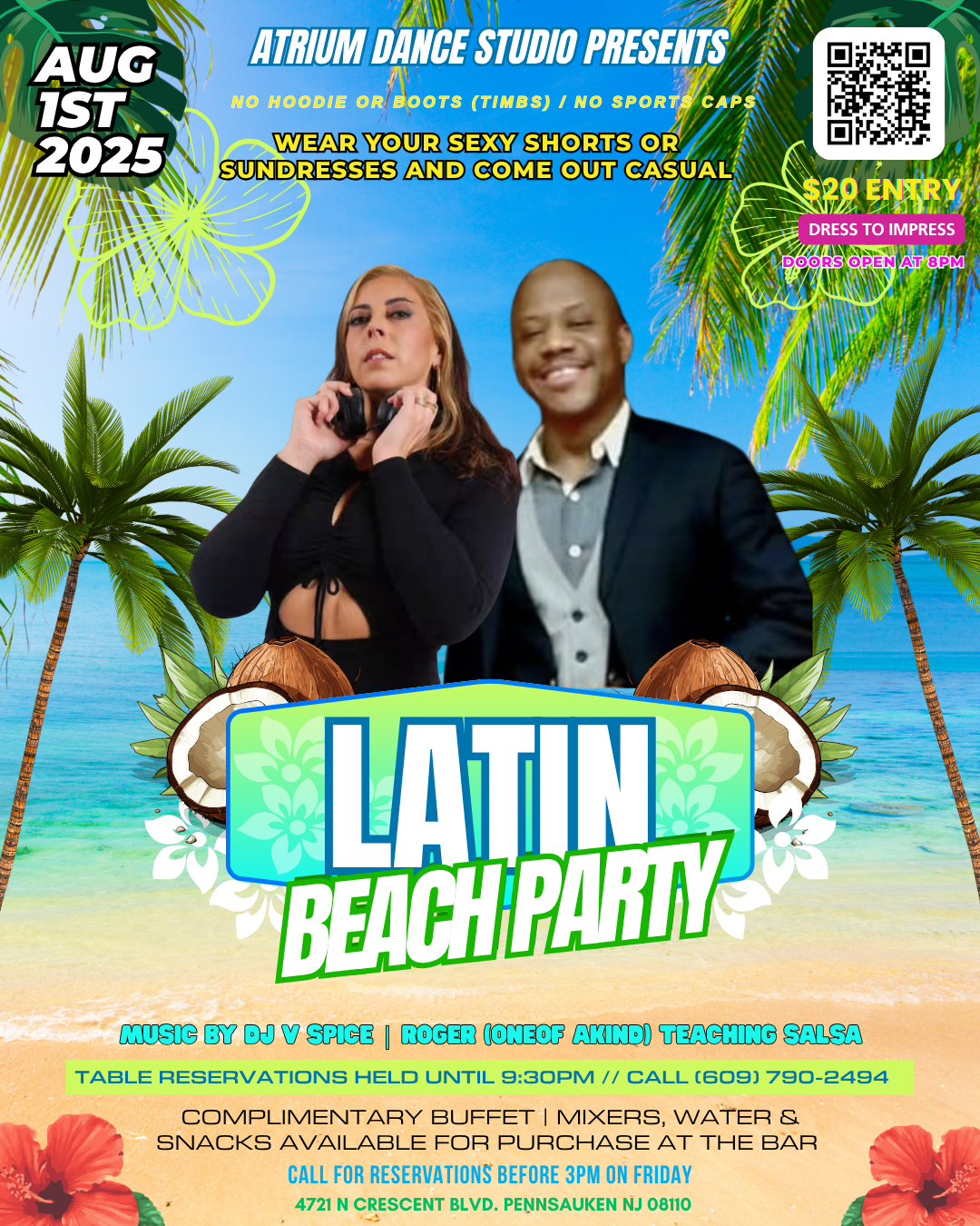 Get ready to soak up the summer vibes at Atrium Dance Studio’s Latin Beach Party on Friday, August 1st, 2025. This is your chance to hit the dance floor with a tropical twist—DJ V Spice will be spinning the hottest Latin tracks, and Roger (Oneof Akin
