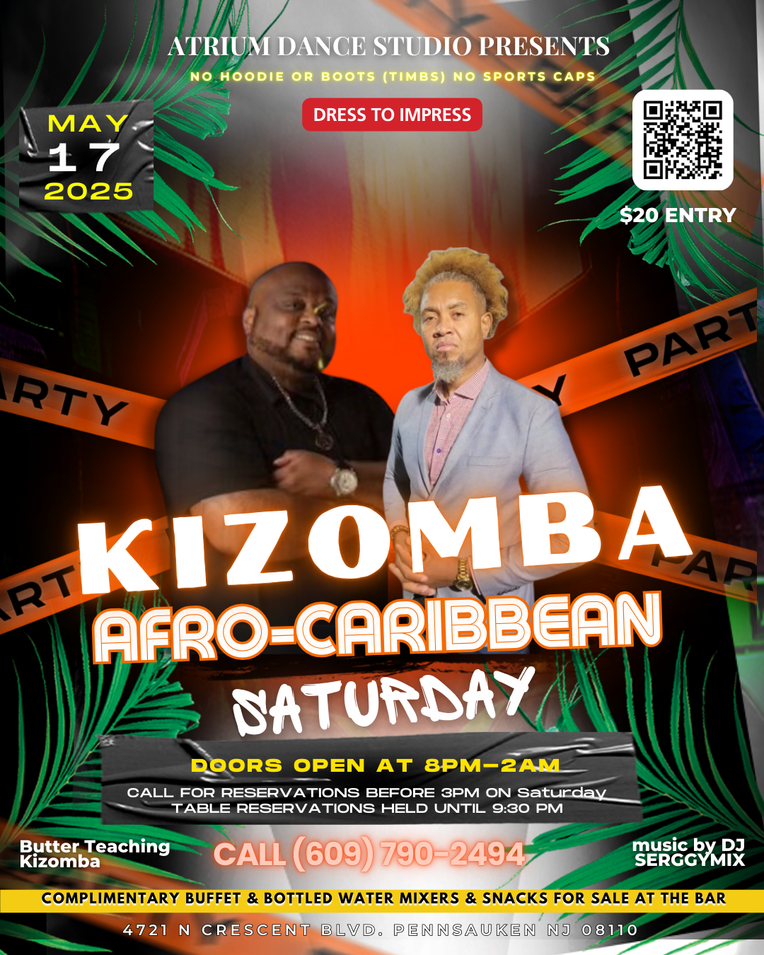 KIZOMBA Afro-Caribbean Saturday on May 17th, 2025! Doors open at 8 PM, and the vibe lasts all the way until 2 AM. Enjoy a special Kizomba class taught by Butter, followed by non-stop Afro-Caribbean beats from DJ SerggyMix to keep the dance floor aliv