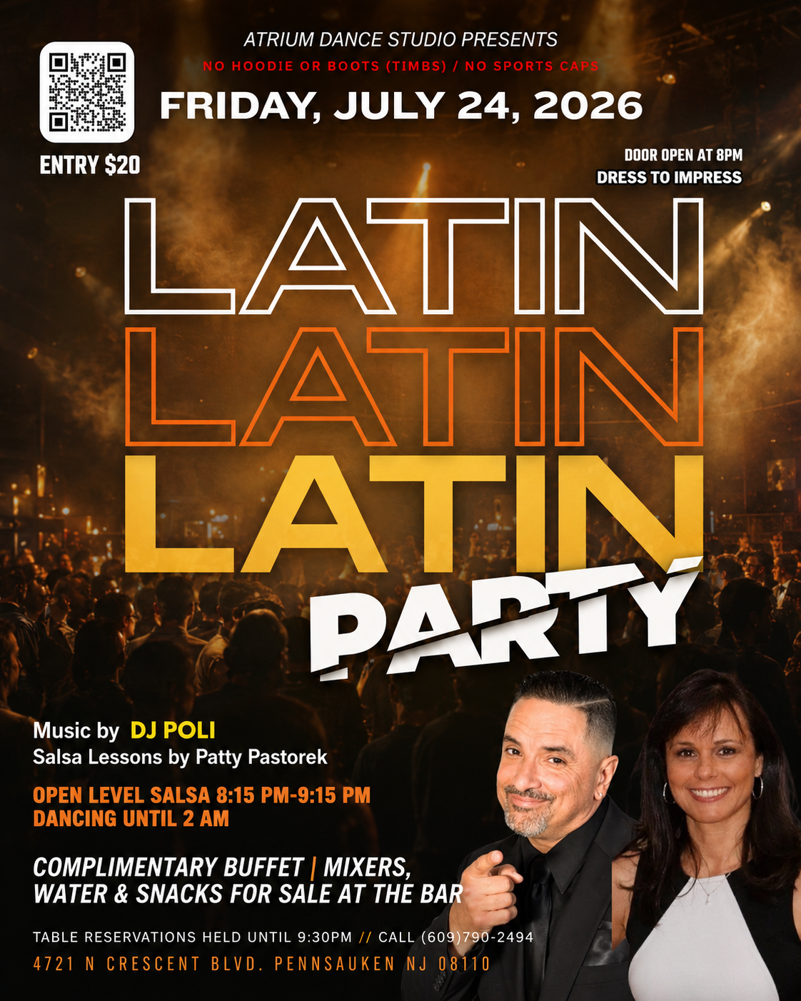 Latin Party Friday at Atrium Dance Studio delivers a lively night of salsa, social dancing, and great music in an energetic party atmosphere. Doors open at 8 PM, followed by an open-level salsa lesson with Patty Pastorek to help guests warm up before
