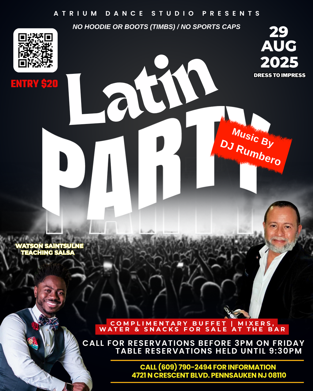 Join us on Friday, August 29, 2025, for an unforgettable Latin Party at Atrium Dance Studio. The night kicks off at 8 PM with high-energy music from DJ Rumbero and a salsa lesson led by Watson SaintSulne. Enjoy a complimentary buffet and grab mixers,