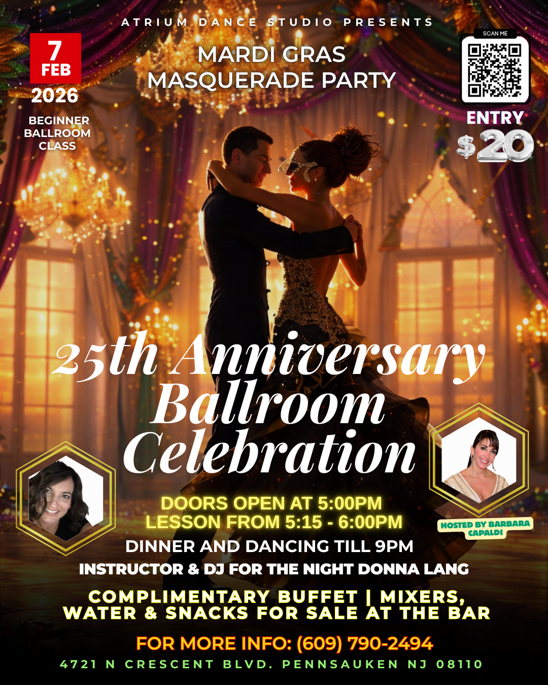 Atrium Dance Studio is celebrating 25 years with an elegant Mardi Gras Masquerade Ballroom Celebration on February 7, 2026. Guests are invited to dress to impress and enjoy an evening of ballroom dancing, beginning with a beginner-friendly lesson fro
