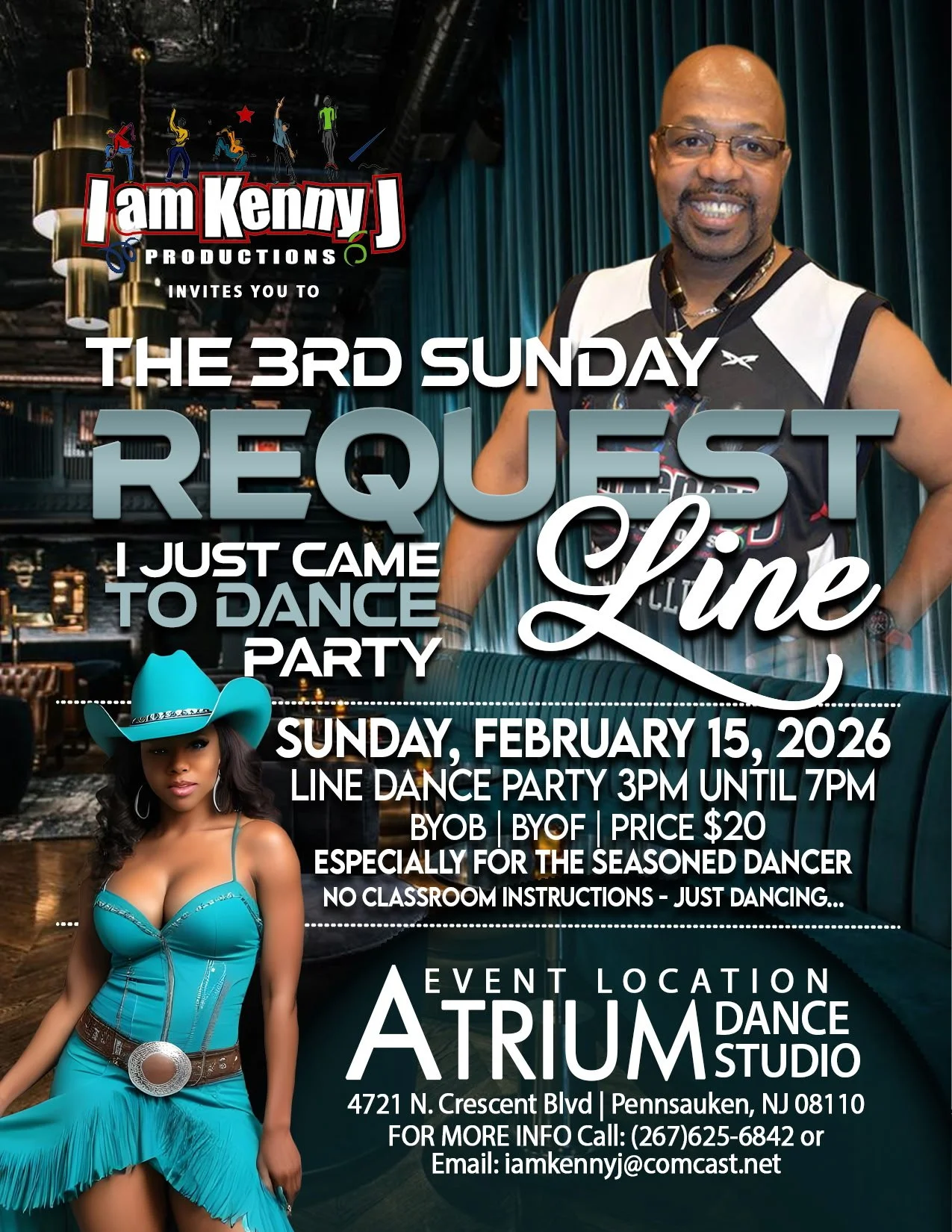Iam Kenny J Productions invites you to The 3rd Sunday Request Line Dance Party — a night created especially for dancers who just want to dance.
Join us on Sunday, February 15, 2026 at Atrium Dance Studio for an afternoon of nonstop line dancing with 