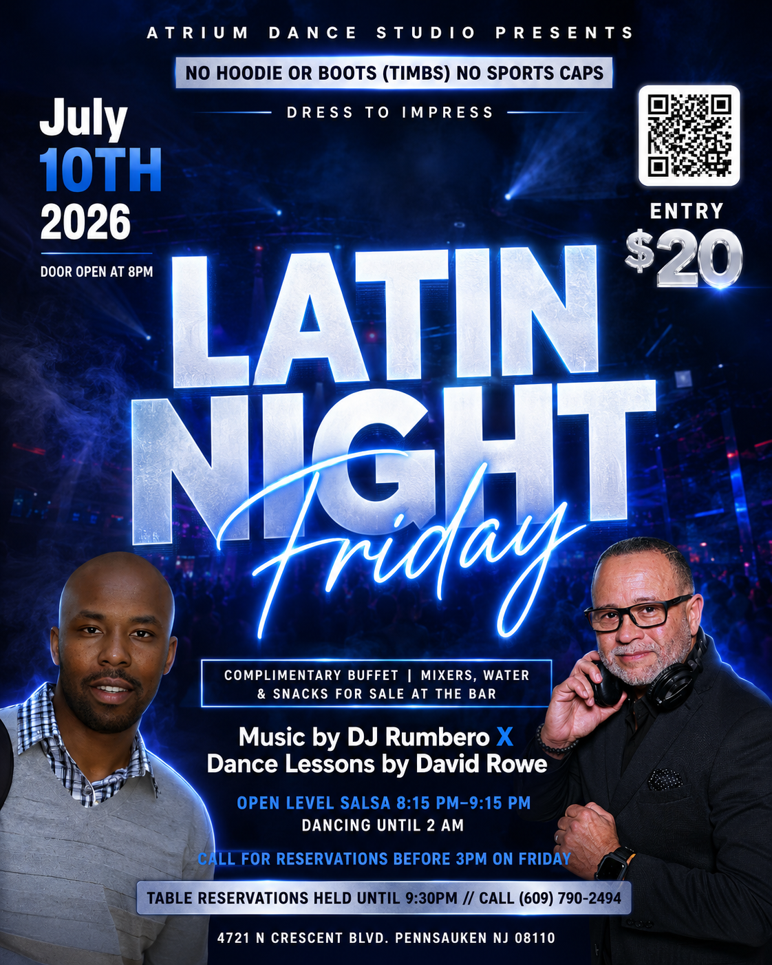 Latin Night Friday at Atrium Dance Studio brings another exciting evening of salsa, social dancing, and nonstop Latin music to Pennsauken. Doors open at 8 PM as dancers of all experience levels come together for an open-level salsa lesson with David 