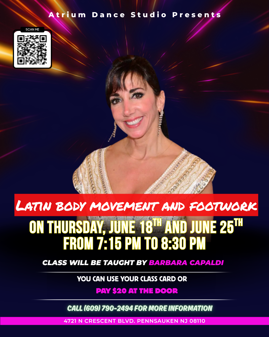 Latin Body Movement and Footwork at Atrium Dance Studio offers dancers the opportunity to improve confidence, musicality, styling, and overall movement in a focused but welcoming class environment. Taught by Barbara Capaldi, these Thursday evening se