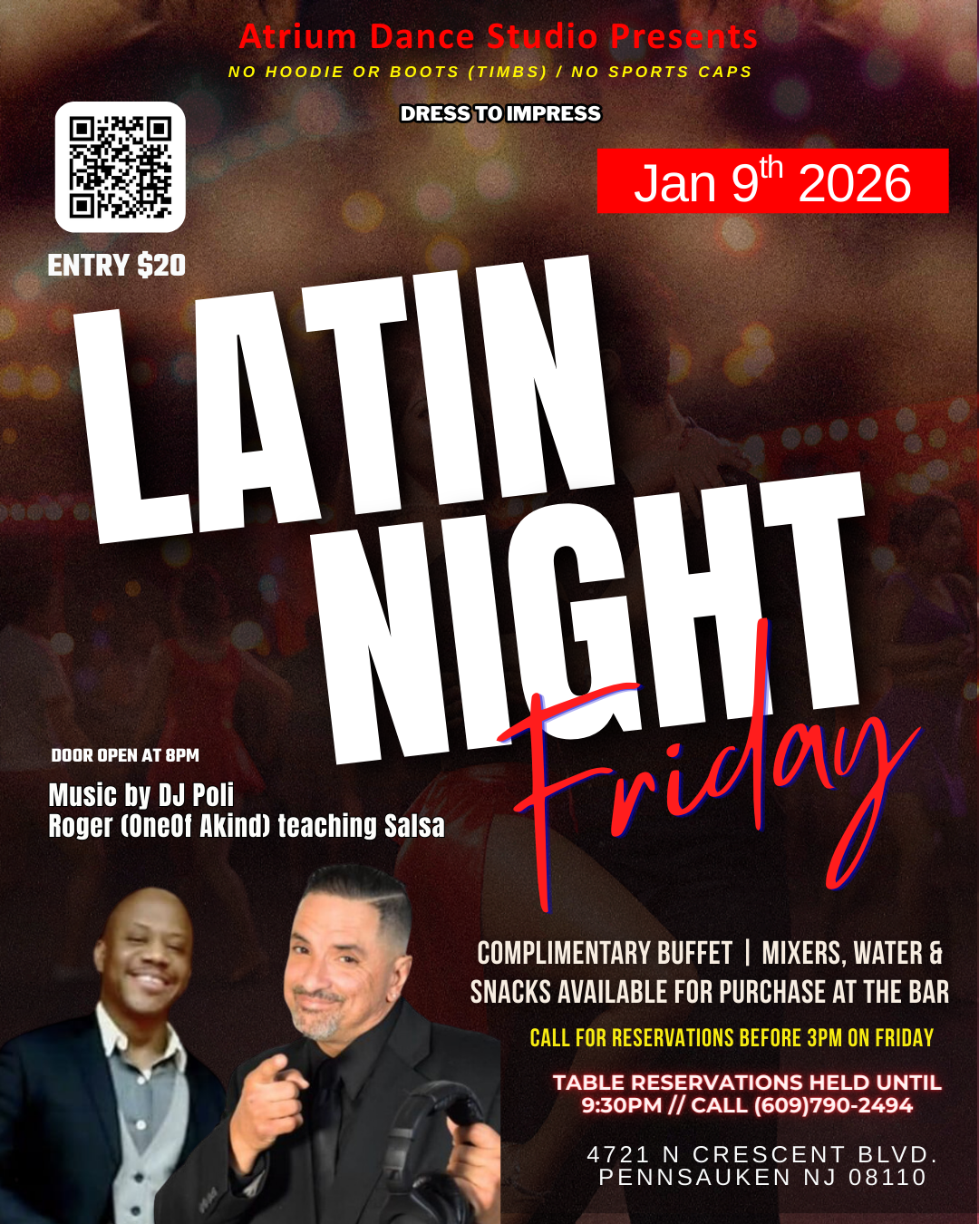 Latin Night Friday is back at Atrium Dance Studio on January 9th, 2026, and it’s bringing all the vibes 💃🔥 Doors open at 8 PM for a night of salsa, music, and nonstop dancing. Enjoy a salsa lesson taught by Roger (One of a Kind), with music all nig