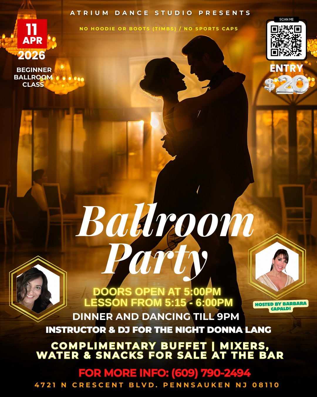 An evening of elegance, music, and timeless dance is coming to Atrium Dance Studio. Join us on April 11, 2026 for a Ballroom Party designed for beginners and anyone who loves the classic ballroom experience. Doors open at 5:00 PM, with a beginner bal