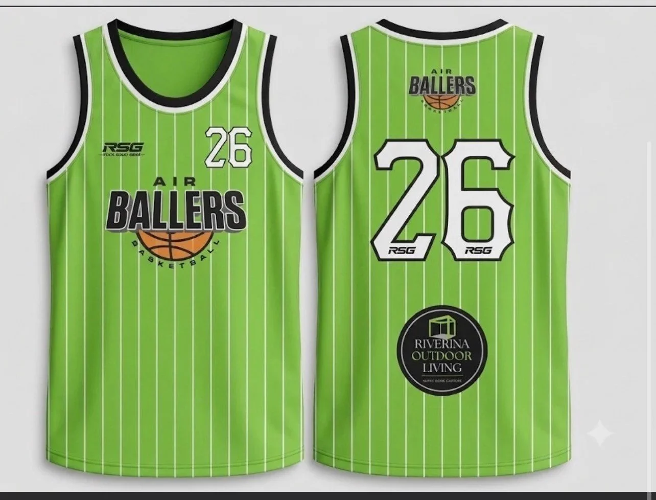 Green basketball jerseys with white pinstripes, black trim, and the team name "Air Ballers" featuring a basketball graphic. The front displays the number 26, and the back shows the number 26 with sponsorship patches.