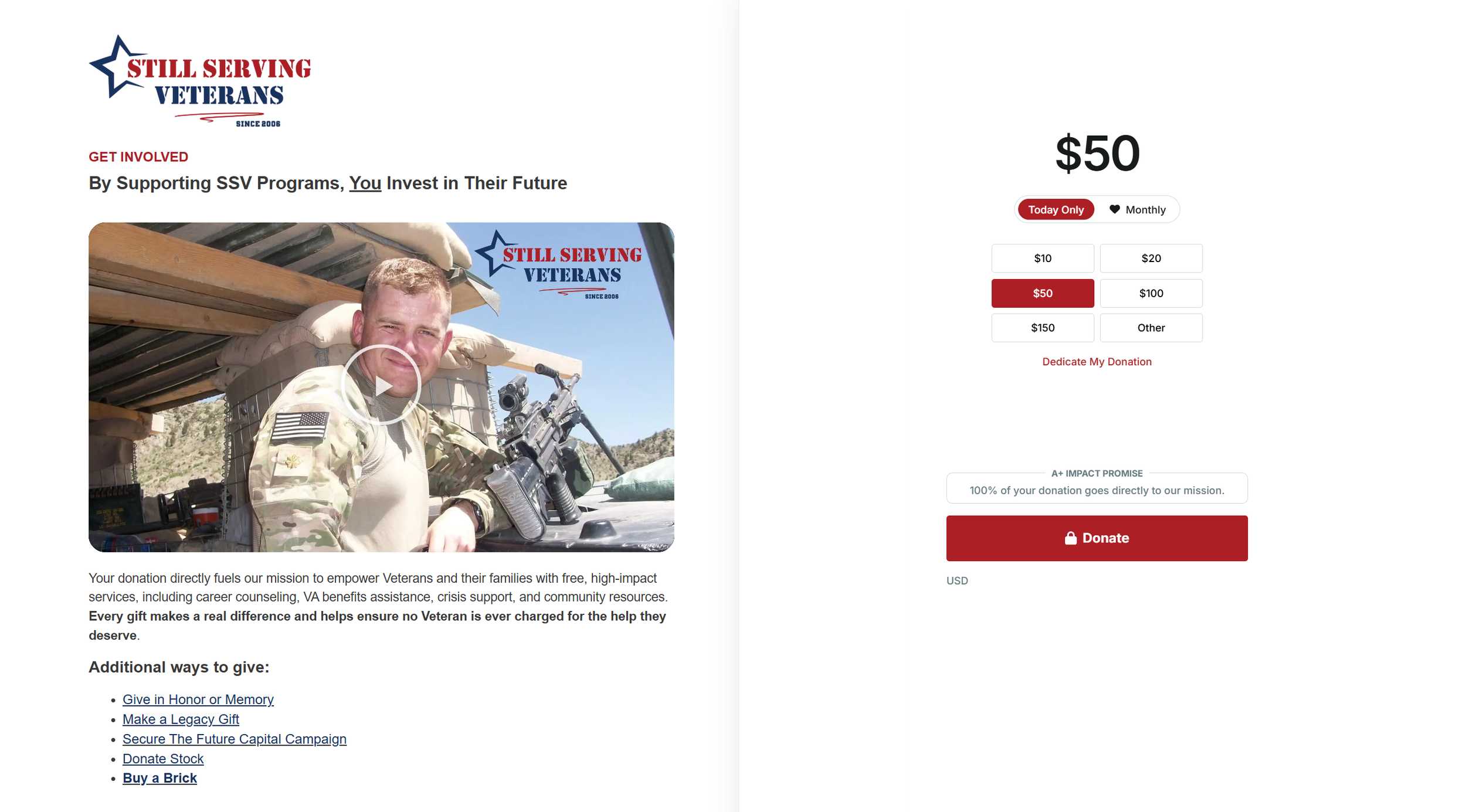 Still Serving Veterans donation page with suggested gift amounts, one-time and monthly giving options, and additional ways to give.