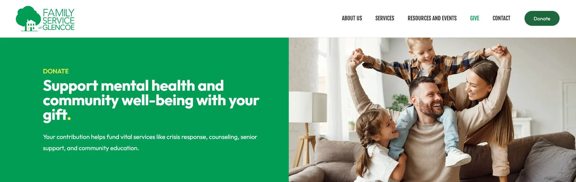 Family Service of Glencoe donation page with a prominent Donate button and a message supporting mental health and community services.