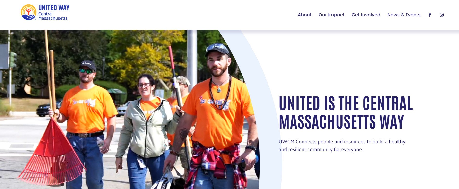 United Way of Central Massachusetts homepage featuring volunteers carrying rakes during an outdoor community activity.