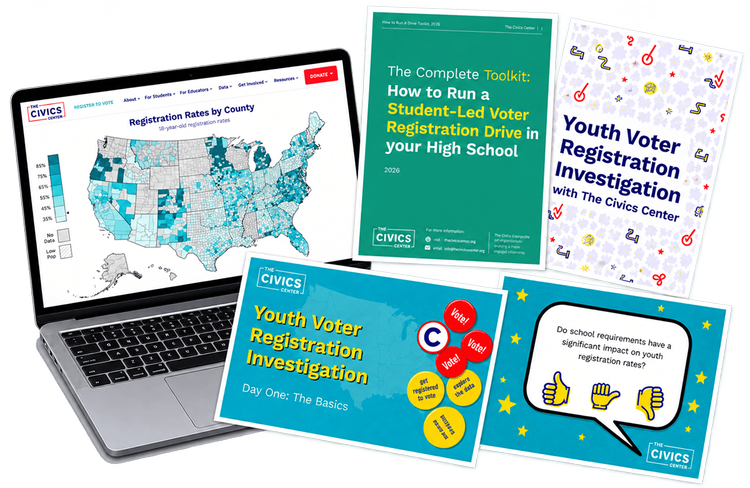 The Civics Center’s voter registration toolkits, classroom materials and county-level youth registration data.