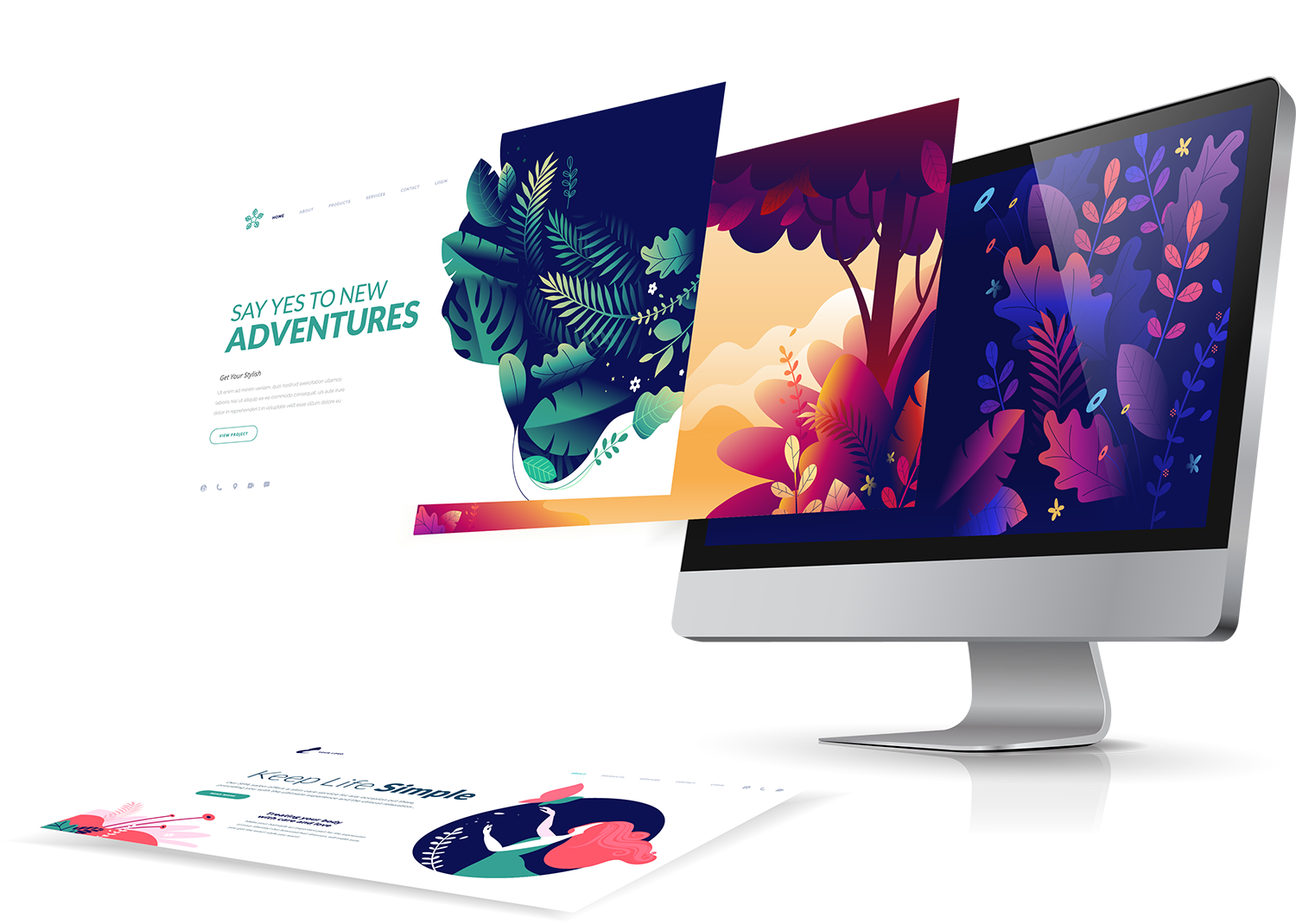 A screen projecting different colored graphic images with a prompt saying "Say Yes to New Adventures".
