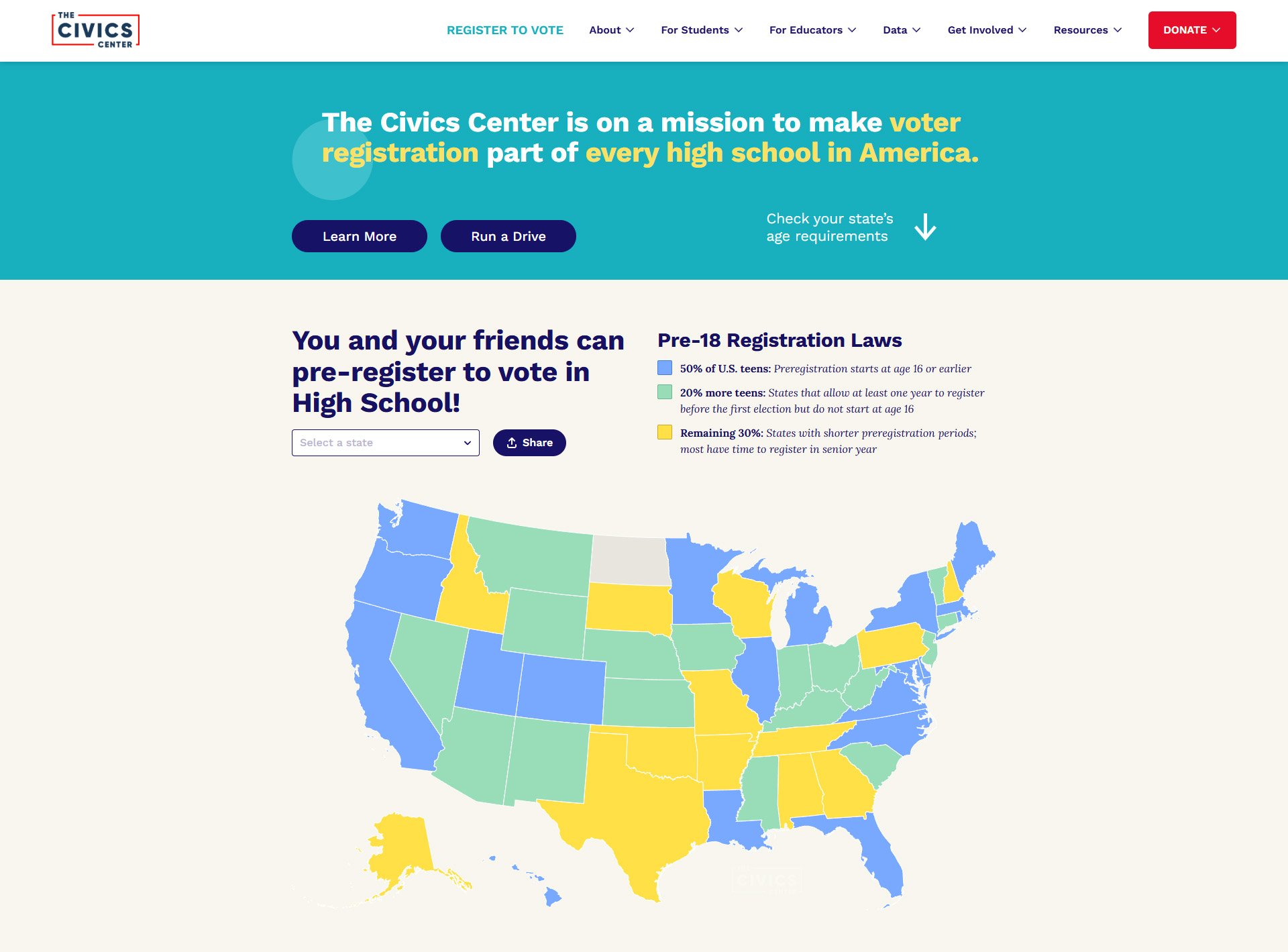 The Civics Center homepage featuring Register to Vote and Donate links, Learn More and Run a Drive buttons, and a map of state voter preregistration laws.