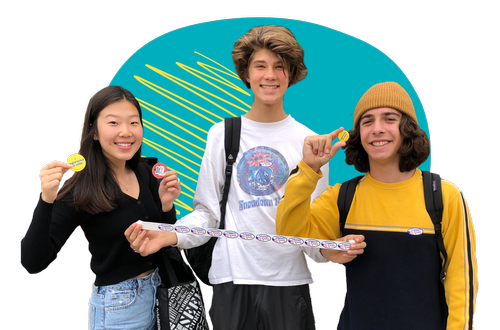 Three young people displaying voter registration stickers.