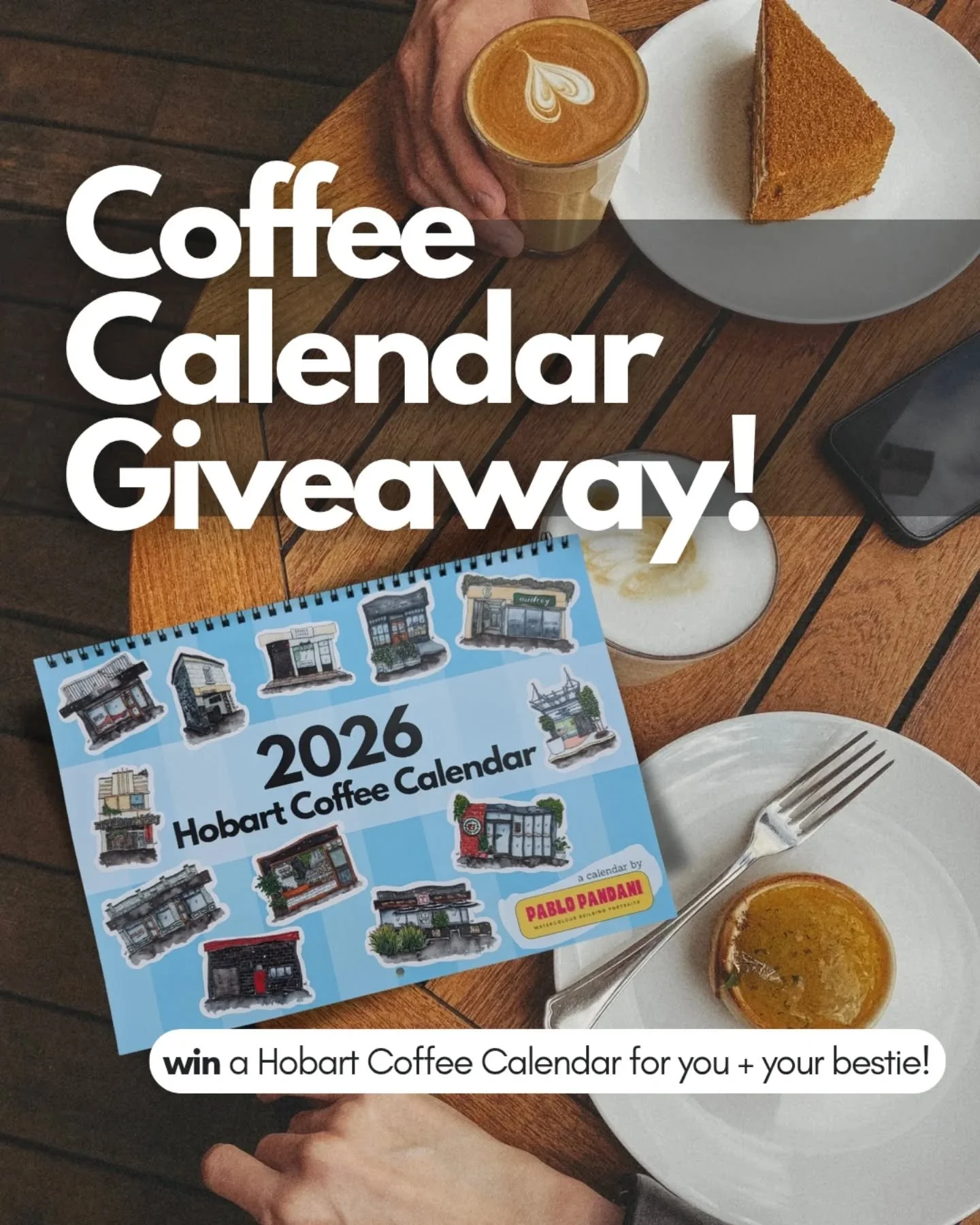 🚨 To celebrate the launch of the Hobart Coffee Calendar, I&rsquo;m giving you + your coffee date the chance to each win a calendar! 🎉

12 months. 12 Hobart caf&eacute;s. 12 excuses to make time for the people that matter most and support your local