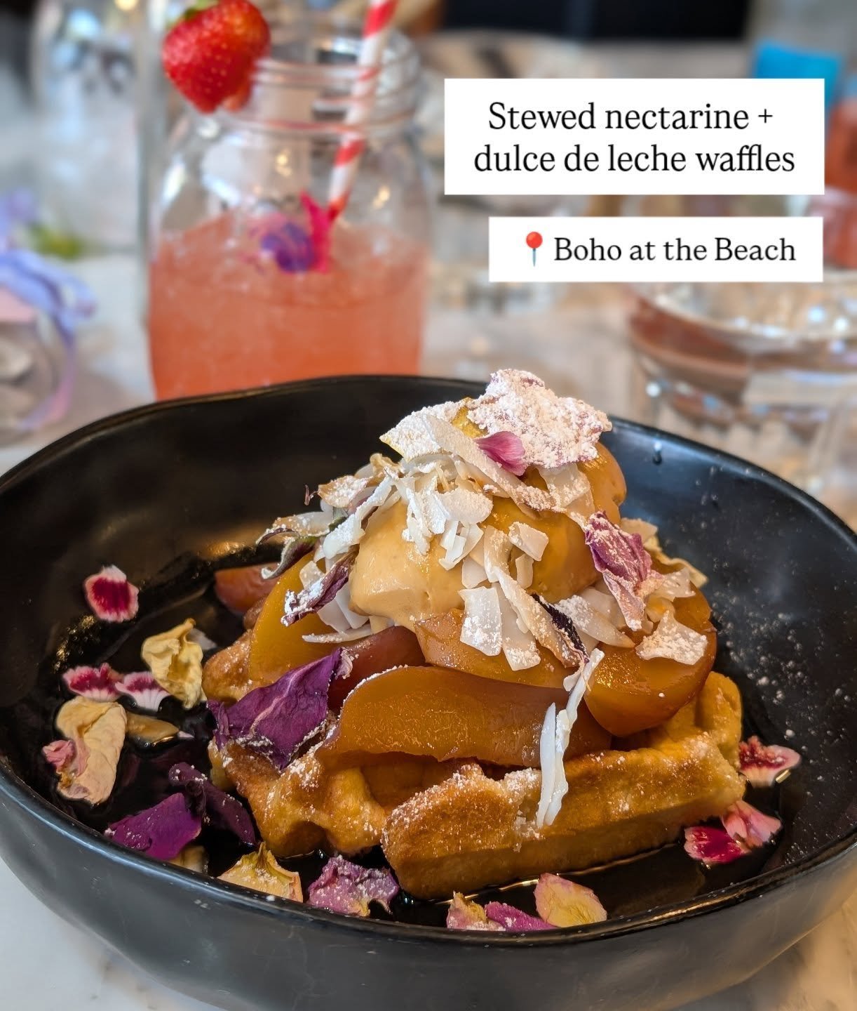 Stewed nectarine and dulce de leche waffles at one of my local faves @bohoatthebeach 

Meeting up with some lovely, open, like-minded women for lunch yesterday to chat about ways we can be more of a village to each other. What a beautiful idea 💛 

#