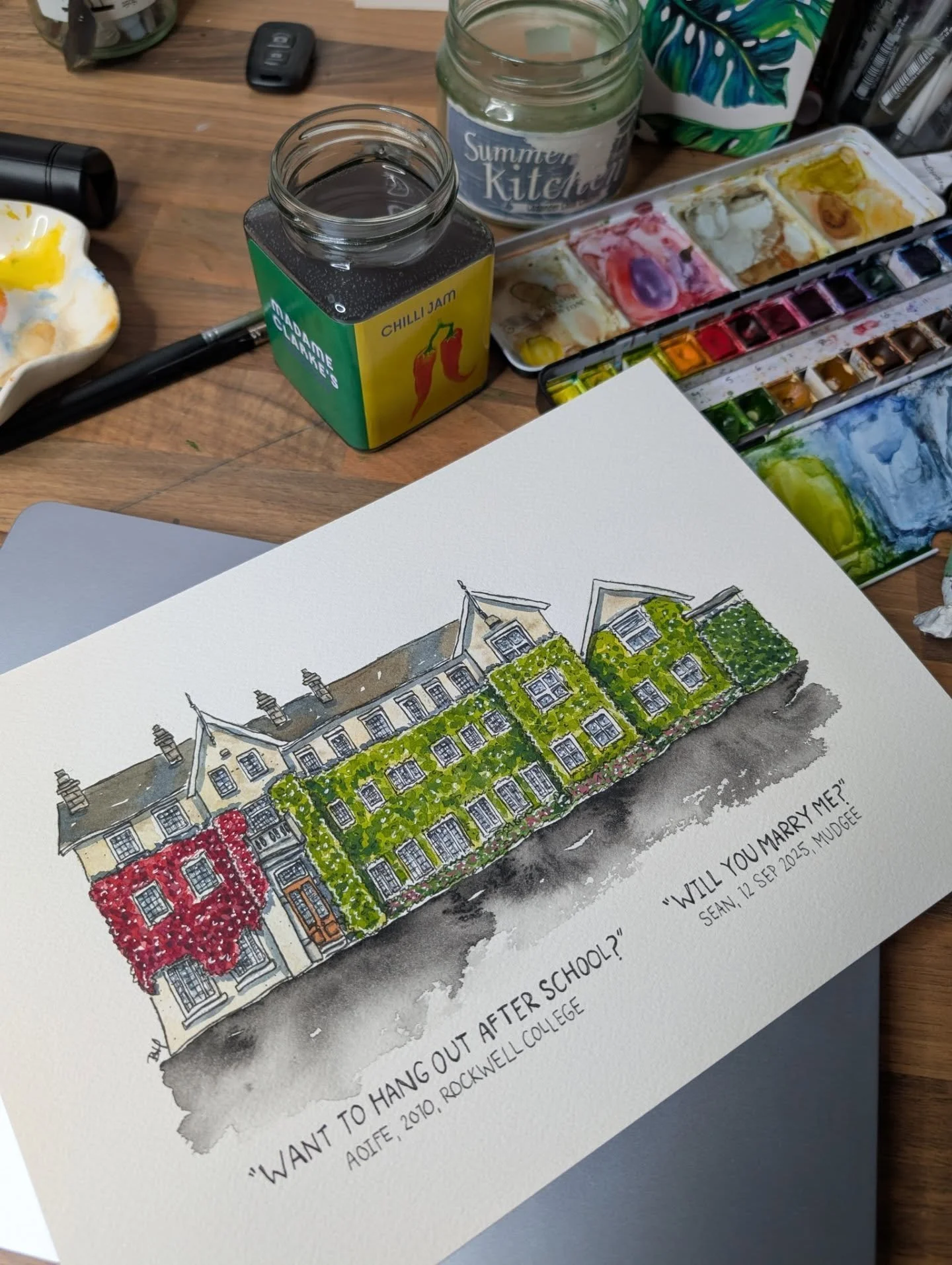 Commemorating 25 years of history across two countries before the big question.

From &ldquo;wanna hang out after school&rdquo; in Ireland
to &ldquo;will you marry me&rdquo; in Mudgee.

This portrait of their college was commissioned by the best frie