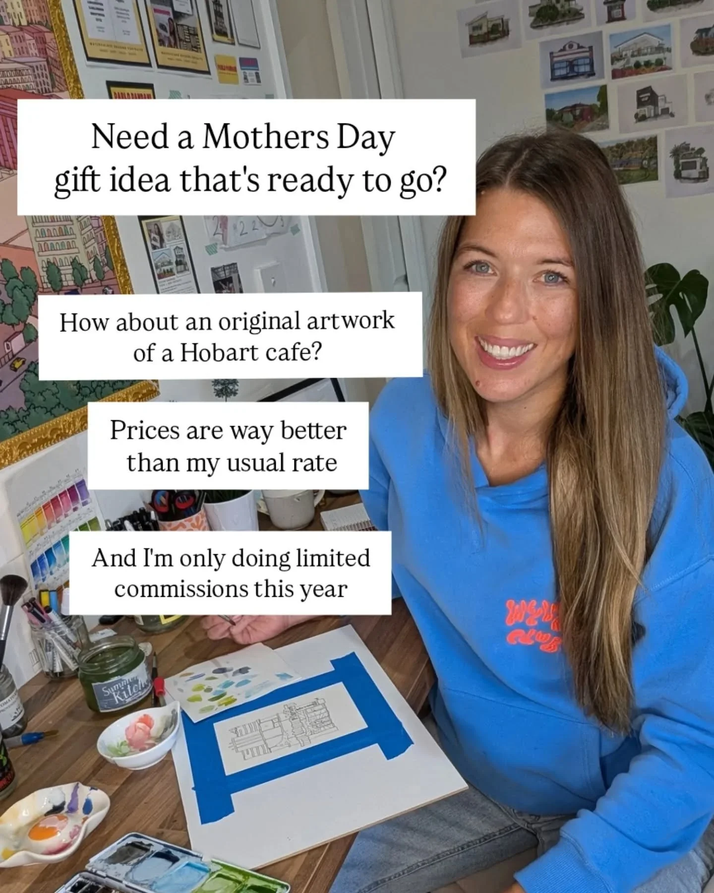 Your mum has a favourite. A caf&eacute; she goes to every Saturday. A shop that just gets her.

I've got a small collection of ready-to-go Hobart shop portraits available to post this week.

Way cheaper than my usual commission rate. No wait time. Ju