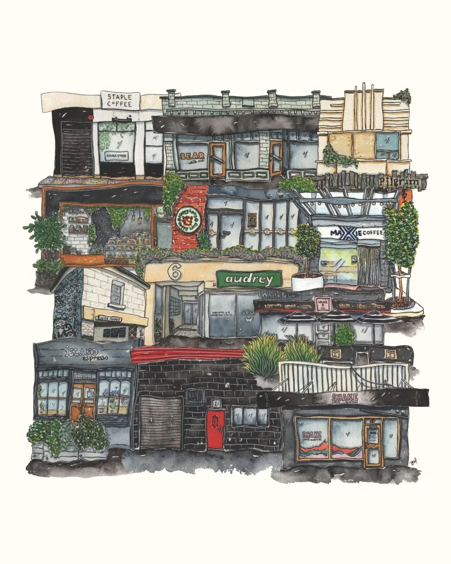 👀 Something I've been quietly building...

Hobart's best caf&eacute;s - hand drawn in ink and watercolour, collaged together into something I'm really proud of.

This is becoming a product range. Tea towels, prints and maybe more - coming later this