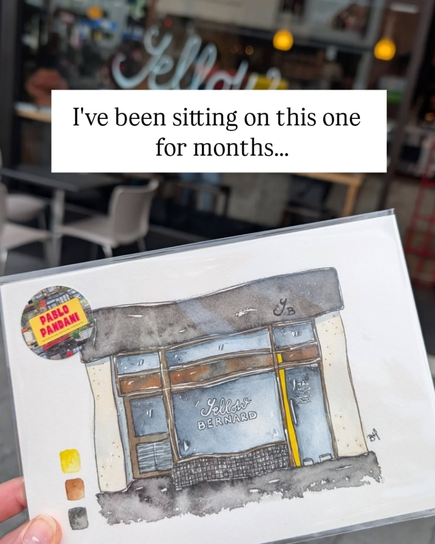 I've been sitting on this one for months 😬

Yellow Bernard is my regular coffee run - tiniest shopfront in Hobart, nowhere to hide. 

Then they figured out I was the person going around drawing Hobart's caf&eacute;s and asked if I was drawing them.
