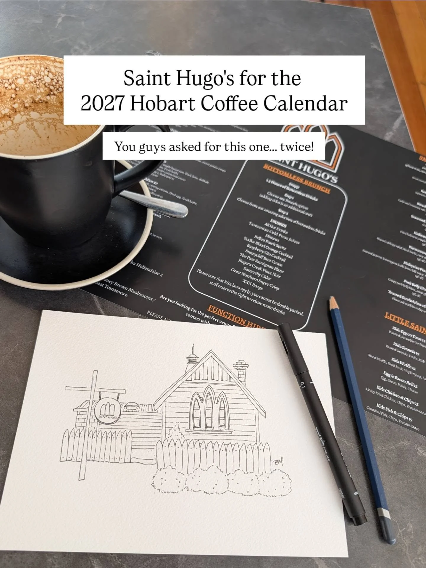 YOU GUYS ASKED FOR THIS ONE... TWICE

Saint Hugo&rsquo;s is officially joining the 2027 Hobart Coffee Crawl!

When I put the call out on Instagram asking which cafes I should draw for the calendar, Saint Hugo&rsquo;s was one of the cafes you kept sen