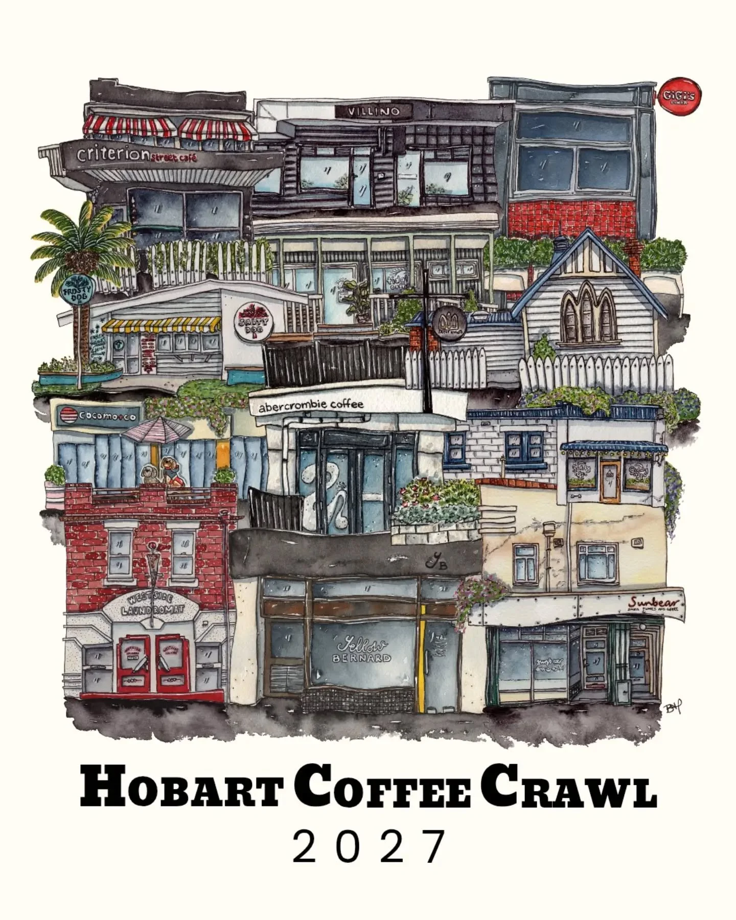 IT&rsquo;S HERE ☕️

The 2027 Hobart Coffee Crawl - 12 more of Hobart&rsquo;s best cafes, drawn by hand in ink and watercolour.

A celebration of Hobart&rsquo;s stellar coffee culture - the local you&rsquo;ve loved for years, the barista who knows you