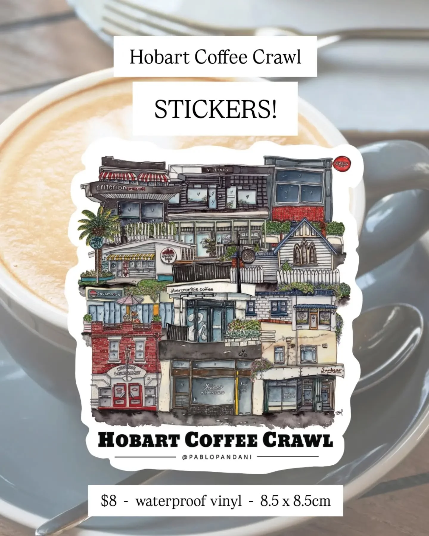 YOU CAN NOW STICK THE HOBART COFFEE CRAWL ON THINGS! 

The Coffee Crawl artwork is now available as a 8.5 x 8.5cm vinyl sticker.

$8 each, postage included.

Series I and Series II both available now. 

Presale closes Sunday 11 October.

Shop via the